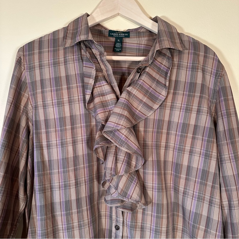 Vintage Ralph Lauren Button Up Ruffle Collar Blouse XL Plaid Cotton Academia